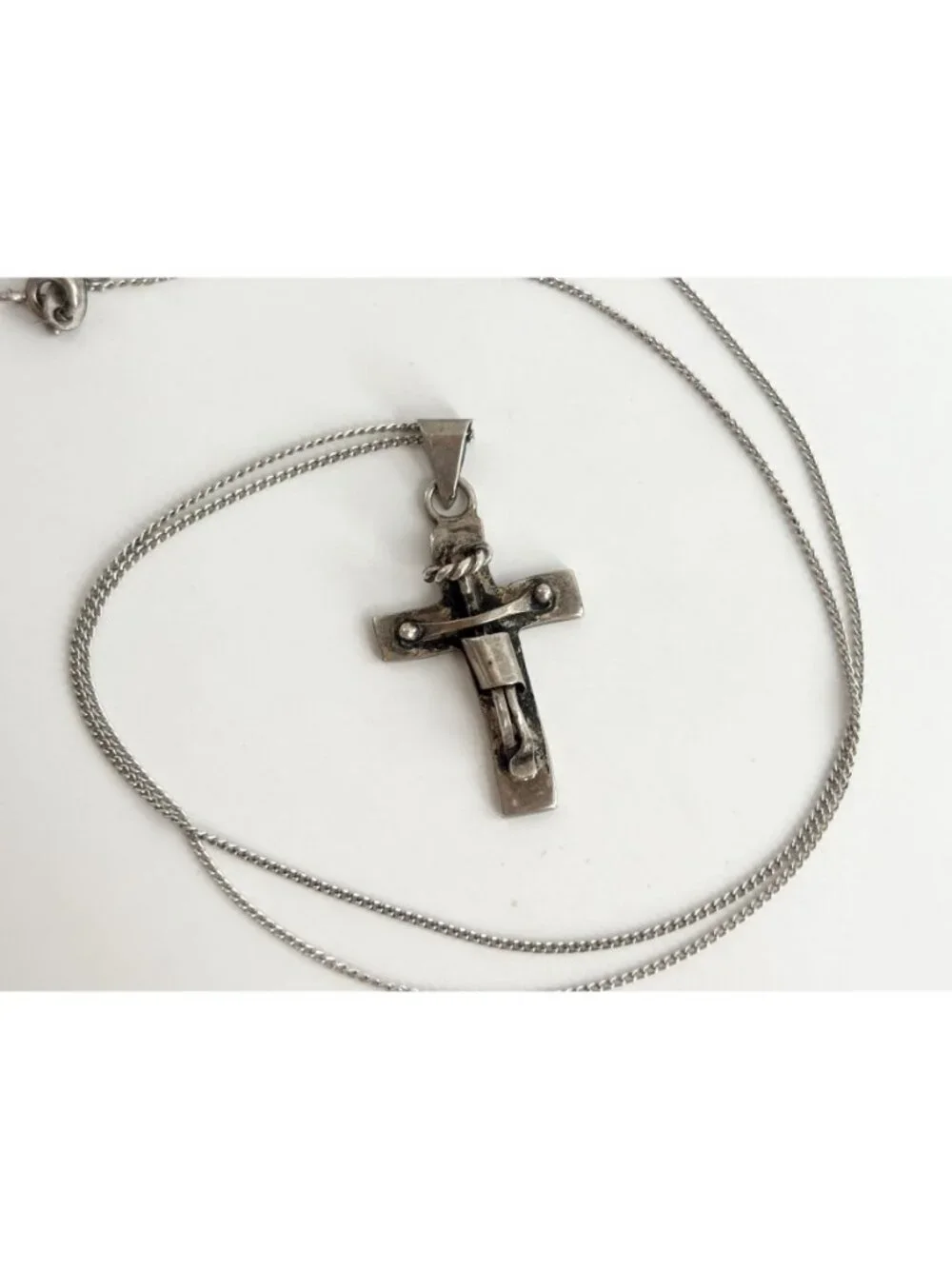 Modernist Crucifix Mexico Sterling Silver 925 Vintage Pendant Necklace - 18